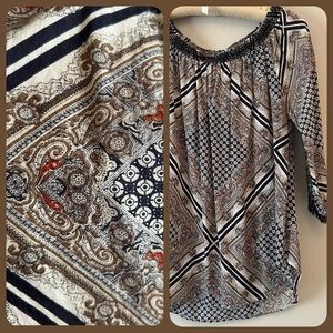 Mixed Patterned Smocked Raglan 3/4 Sleeve Top